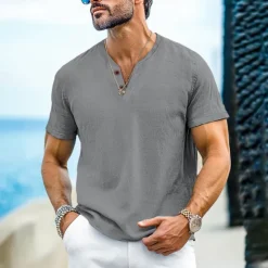 OUKU Men's Henley Shirt Tee Top Short Sleeves Plain Fashion Designer Basic Buttons V Neck V Neck Vacation Street Going out Summer Black White Light Blue Henley T-Shirt