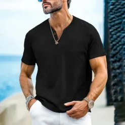OUKU Men's Henley Shirt Tee Top Short Sleeves Plain Fashion Designer Basic Buttons V Neck V Neck Vacation Street Going out Summer Black White Light Blue Henley T-Shirt