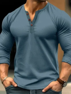 Outlet OUKU Men's Henley Shirt Tee Top Long Sleeve Shirt Plain Henley Street Vacation Long Sleeve Vintage Style Clothing Apparel Fashion Designer Basic