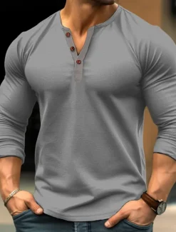 Outlet OUKU Men's Henley Shirt Tee Top Long Sleeve Shirt Plain Henley Street Vacation Long Sleeve Vintage Style Clothing Apparel Fashion Designer Basic