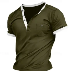 Clearance OUKU Men's Henley Shirt Tee Top Color Block Henley Outdoor Casual Short Sleeve Button Pocket Clothing Apparel Fashion Designer Comfortable