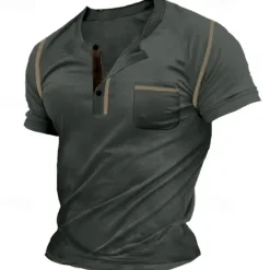 New OUKU Men's Henley Shirt Tee Top Plain Henley Street Vacation Short Sleeves Pocket Vintage Style Clothing Apparel Fashion Designer Basic