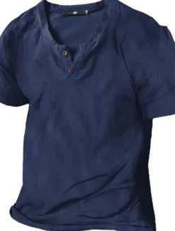 Online OUKU Men's Henley Shirt Tee Top Short Sleeve Henley Summer Plain Designer Basic Modern Contemporary Button-Down Vacation Street Going out Black White Navy Blue Top Tee for Men