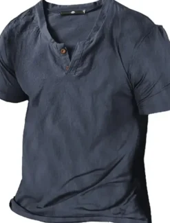 Online OUKU Men's Henley Shirt Tee Top Short Sleeve Henley Summer Plain Designer Basic Modern Contemporary Button-Down Vacation Street Going out Black White Navy Blue Top Tee for Men
