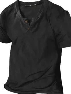 Online OUKU Men's Henley Shirt Tee Top Short Sleeve Henley Summer Plain Designer Basic Modern Contemporary Button-Down Vacation Street Going out Black White Navy Blue Top Tee for Men