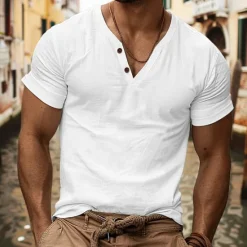 New OUKU Men's Henley Shirt Tee Top Plain V Neck Street Vacation Short Sleeves Clothing Apparel Fashion Designer Basic