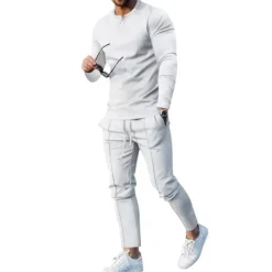 Clearance OUKU Men's Henley Shirt T-shirt Suits Tracksuit Tennis Shirt Long Sleeve Henley Spring & Fall Plain Gymnatics Casual 2 Piece Vacation Daily Wear Activewear Black White Navy Blue Top Tee for Men