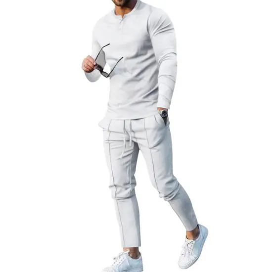 Clearance OUKU Men's Henley Shirt T-shirt Suits Tracksuit Tennis Shirt Long Sleeve Henley Spring & Fall Plain Gymnatics Casual 2 Piece Vacation Daily Wear Activewear Black White Navy Blue Top Tee for Men