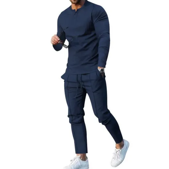 Clearance OUKU Men's Henley Shirt T-shirt Suits Tracksuit Tennis Shirt Long Sleeve Henley Spring & Fall Plain Gymnatics Casual 2 Piece Vacation Daily Wear Activewear Black White Navy Blue Top Tee for Men