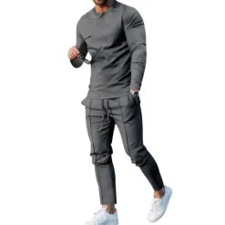 Clearance OUKU Men's Henley Shirt T-shirt Suits Tracksuit Tennis Shirt Long Sleeve Henley Spring & Fall Plain Gymnatics Casual 2 Piece Vacation Daily Wear Activewear Black White Navy Blue Top Tee for Men