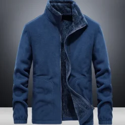 OUKU Men's Hiking Fleece Jacket Windbreaker Polar Fleece Winter Outdoor Solid Color Thermal Warm Windproof Lightweight Stand Collar Outerwear Trench Coat Top Single Slider Hunting Fishing Climbing Blue