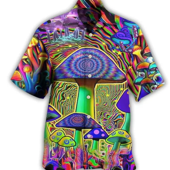 Online OUKU Men's Hippie Colorful Mushroom Shirt Summer Hawaiian Shirt Button Up Shirt Short Sleeve Sports Fashion Streetwear Outdoor Casual Hawaiian Summer Spring Cuban Collar Print Black Blue Purple