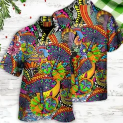 Online OUKU Men's Hippie Colorful Mushroom Shirt Summer Hawaiian Shirt Button Up Shirt Short Sleeve Sports Fashion Streetwear Outdoor Casual Hawaiian Summer Spring Cuban Collar Print Black Blue Purple