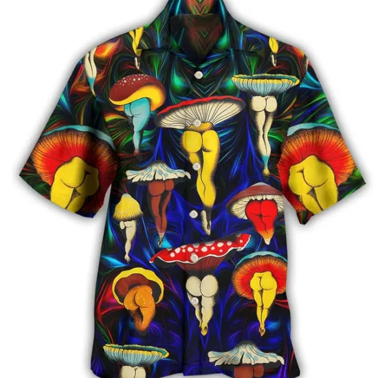 Online OUKU Men's Hippie Colorful Mushroom Shirt Summer Hawaiian Shirt Button Up Shirt Short Sleeve Sports Fashion Streetwear Outdoor Casual Hawaiian Summer Spring Cuban Collar Print Black Blue Purple