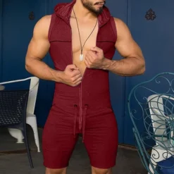 Best OUKU Mens Hooded Sleeveless Onesie Stretchy Jumpsuit Breathable Tight Onesies with Zipper