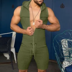 Best OUKU Mens Hooded Sleeveless Onesie Stretchy Jumpsuit Breathable Tight Onesies with Zipper