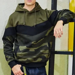 Outlet OUKU Men's Hoodie Army Green Coffee Hooded Color Block Camouflage Patchwork Pocket Sports & Outdoor Daily Holiday Streetwear Basic Casual Spring & Fall Clothing Apparel Hoodies Sweatshirts