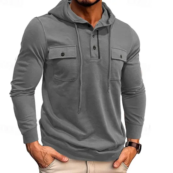 Online OUKU Men's Hoodie Black Army Green Green Dark Gray Coffee Hooded Plain Pocket Sports & Outdoor Daily Holiday Cotton Streetwear Basic Casual Spring & Fall Clothing Apparel Hoodies Sweatshirts