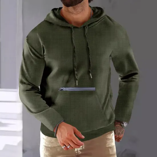 Hot OUKU Men's Hoodie Black Army Green Red Khaki Hooded Plain Ribbed Front Pocket Textured Sports & Outdoor Daily Holiday Streetwear Basic Casual Spring & Fall Clothing Apparel Hoodies Sweatshirts Long