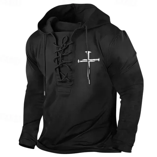Online OUKU Men's Hoodie Black White+Black Black White Hooded Cross Drawstring Sports & Outdoor Daily Holiday Streetwear Basic Casual Spring & Fall Clothing Apparel Hoodies Sweatshirts