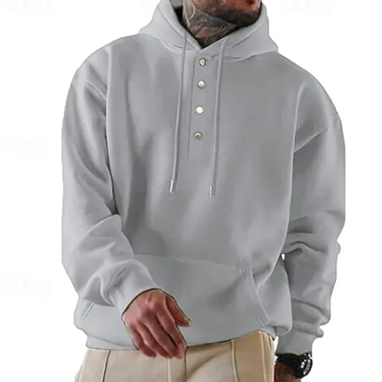 Online OUKU Men's Hoodie Button Up Hoodie Black Navy Blue Blue Gray Hooded Plain Pocket Drawstring Sports & Outdoor Daily Holiday Streetwear Basic Casual Spring & Fall Clothing Apparel Hoodies Sweatshirts