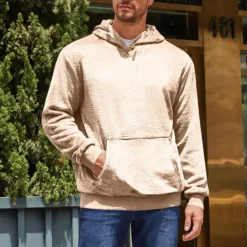 Online OUKU Men's Hoodie Fuzzy Sherpa Black Blue Brown Khaki Gray Hooded Plain Pocket Sports & Outdoor Daily Holiday Streetwear Cool Casual Spring & Fall Clothing Apparel Hoodies Sweatshirts