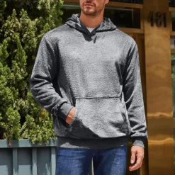 Online OUKU Men's Hoodie Fuzzy Sherpa Black Blue Brown Khaki Gray Hooded Plain Pocket Sports & Outdoor Daily Holiday Streetwear Cool Casual Spring & Fall Clothing Apparel Hoodies Sweatshirts