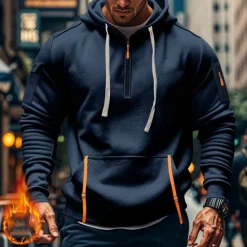Clearance OUKU Men's Hoodie Quarter Zip Hoodie Black Navy Blue Khaki Light Grey Dark Gray Hooded Plain Pocket Sports & Outdoor Daily Holiday Polyester Streetwear Basic Casual Spring & Fall Clothing Apparel Hoodies