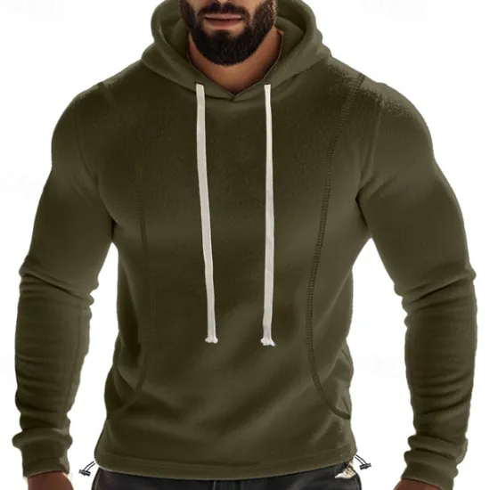 Clearance OUKU Men's Hoodie Sweatshirt Polar Fleece Black Army Green Khaki Dark Gray Light Blue Hooded Plain Drawstring Ribbed Front Pocket Sports & Outdoor Daily Holiday Polyester Streetwear Basic Casual Fall