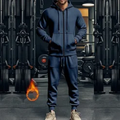 Discount OUKU Men's Hoodie Tracksuit Full Zip Hoodie Sweatsuit Black Navy Blue Khaki Gray Hooded Plain Pocket Drawstring 2 Piece Sports & Outdoor Daily Holiday Streetwear Basic Casual Fall & Winter Clothing Apparel