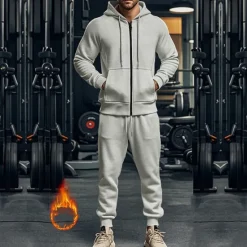 Discount OUKU Men's Hoodie Tracksuit Full Zip Hoodie Sweatsuit Black Navy Blue Khaki Gray Hooded Plain Pocket Drawstring 2 Piece Sports & Outdoor Daily Holiday Streetwear Basic Casual Fall & Winter Clothing Apparel