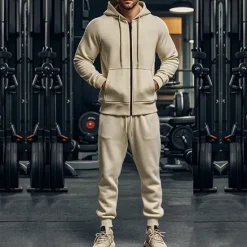 Discount OUKU Men's Hoodie Tracksuit Full Zip Hoodie Sweatsuit Black Navy Blue Khaki Gray Hooded Plain Pocket Drawstring 2 Piece Sports & Outdoor Daily Holiday Streetwear Basic Casual Fall & Winter Clothing Apparel