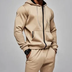 Discount OUKU Men's Hoodie Tracksuit Full Zip Hoodie Sweatsuit Black Navy Blue Khaki Gray Hooded Plain Pocket Drawstring 2 Piece Sports & Outdoor Daily Holiday Streetwear Basic Casual Fall & Winter Clothing Apparel