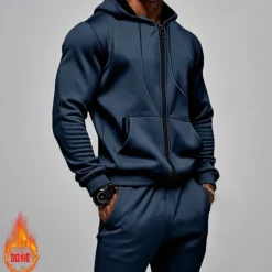 Discount OUKU Men's Hoodie Tracksuit Full Zip Hoodie Sweatsuit Black Navy Blue Khaki Gray Hooded Plain Pocket Drawstring 2 Piece Sports & Outdoor Daily Holiday Streetwear Basic Casual Fall & Winter Clothing Apparel