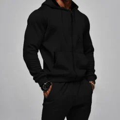 Discount OUKU Men's Hoodie Tracksuit Full Zip Hoodie Sweatsuit Black Navy Blue Khaki Gray Hooded Plain Pocket Drawstring 2 Piece Sports & Outdoor Daily Holiday Streetwear Basic Casual Fall & Winter Clothing Apparel