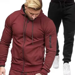 Clearance OUKU Men's Hoodie Tracksuit Full Zip Hoodie Sweatsuit Black Wine Light Grey Gray Hooded Plain 2 Piece Sports & Outdoor Daily Holiday Streetwear Basic Casual Spring & Fall Clothing Apparel Hoodies