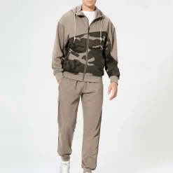 New OUKU Men's Hoodie Tracksuit Full Zip Hoodie Sweatsuit Army Green Khaki Gray Hooded Color Block Camouflage Patchwork 2 Piece Sports & Outdoor Daily Holiday Streetwear Basic Casual Spring & Fall Clothing