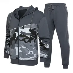 New OUKU Men's Hoodie Tracksuit Full Zip Hoodie Sweatsuit Army Green Khaki Gray Hooded Color Block Camouflage Patchwork 2 Piece Sports & Outdoor Daily Holiday Streetwear Basic Casual Spring & Fall Clothing