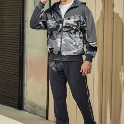 New OUKU Men's Hoodie Tracksuit Full Zip Hoodie Sweatsuit Army Green Khaki Gray Hooded Color Block Camouflage Patchwork 2 Piece Sports & Outdoor Daily Holiday Streetwear Basic Casual Spring & Fall Clothing