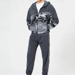 New OUKU Men's Hoodie Tracksuit Full Zip Hoodie Sweatsuit Army Green Khaki Gray Hooded Color Block Camouflage Patchwork 2 Piece Sports & Outdoor Daily Holiday Streetwear Basic Casual Spring & Fall Clothing