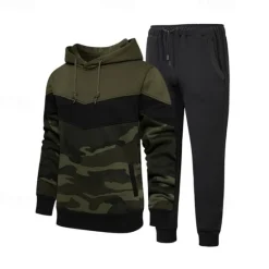 Sale OUKU Men's Hoodie Tracksuit Sweatsuit Army Green Coffee Hooded Color Block Camouflage Patchwork 2 Piece Sports & Outdoor Daily Holiday Streetwear Basic Casual Spring & Fall Clothing Apparel Hoodies