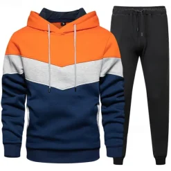 Online OUKU Men's Hoodie Tracksuit Sweatsuit White Wine Orange Green Hooded Color Block Patchwork 2 Piece Sports & Outdoor Daily Holiday Streetwear Basic Casual Spring & Fall Clothing Apparel Hoodies