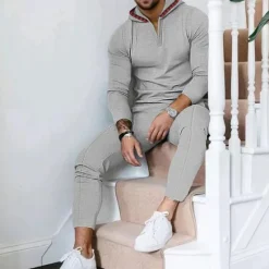Sale OUKU Men's Hoodie Tracksuit Sweatsuit Black White Royal Blue Khaki Gray Hooded Plain 2 Piece Sports & Outdoor Daily Holiday Streetwear Basic Casual Spring & Fall Clothing Apparel Hoodies Sweatshirts