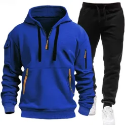 OUKU Men's Hoodie Tracksuit Sweatsuit Black White Navy Blue Blue Light Grey Hooded Half Zip Plain 2 Piece Sports & Outdoor Daily Holiday Polyester Streetwear Casual Spring & Fall Clothing Apparel Hoodies