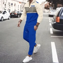 Online OUKU Men's Hoodie Tracksuit Sweatsuit Black White Royal Blue Khaki Dark Gray Hooded Stripes 2 Piece Sports & Outdoor Daily Holiday Streetwear Basic Casual Spring & Fall Clothing Apparel Hoodies