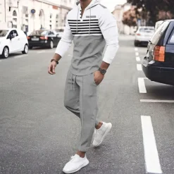 Online OUKU Men's Hoodie Tracksuit Sweatsuit Black White Royal Blue Khaki Dark Gray Hooded Stripes 2 Piece Sports & Outdoor Daily Holiday Streetwear Basic Casual Spring & Fall Clothing Apparel Hoodies