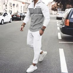 Online OUKU Men's Hoodie Tracksuit Sweatsuit Black White Royal Blue Khaki Dark Gray Hooded Stripes 2 Piece Sports & Outdoor Daily Holiday Streetwear Basic Casual Spring & Fall Clothing Apparel Hoodies