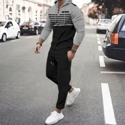 Online OUKU Men's Hoodie Tracksuit Sweatsuit Black White Royal Blue Khaki Dark Gray Hooded Stripes 2 Piece Sports & Outdoor Daily Holiday Streetwear Basic Casual Spring & Fall Clothing Apparel Hoodies
