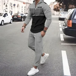 Online OUKU Men's Hoodie Tracksuit Sweatsuit Black White Royal Blue Khaki Dark Gray Hooded Stripes 2 Piece Sports & Outdoor Daily Holiday Streetwear Basic Casual Spring & Fall Clothing Apparel Hoodies