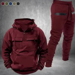 Best OUKU Men's Hoodie Tracksuit Sweatsuit Quarter Zip Hoodie Black Wine Navy Blue Hooded Plain Drawstring 2 Piece Front Pocket Sports & Outdoor Daily Holiday Polyester Streetwear Basic Casual Fall & Winter